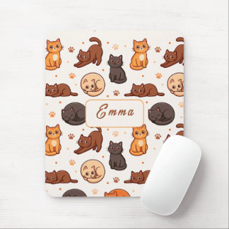 Mousepad Padrão de Gatos Fofos Nome Monograma Personalizado