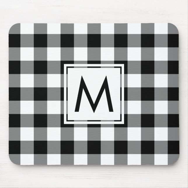 Mousepad Padrão de Gingham Branco e Preto do Monograma Mode (Frente)