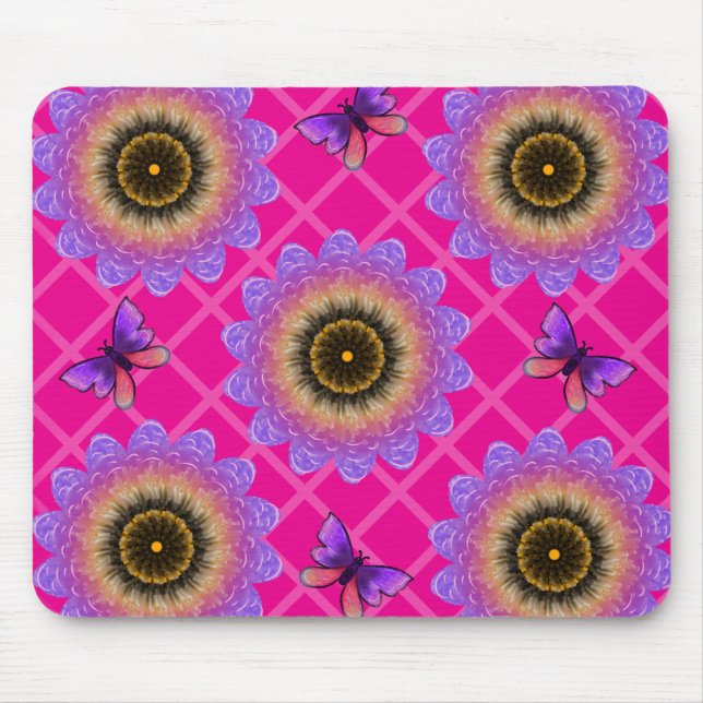 Mousepad Padrão de Girassol e Borboleta de Veludo Roxo (Frente)