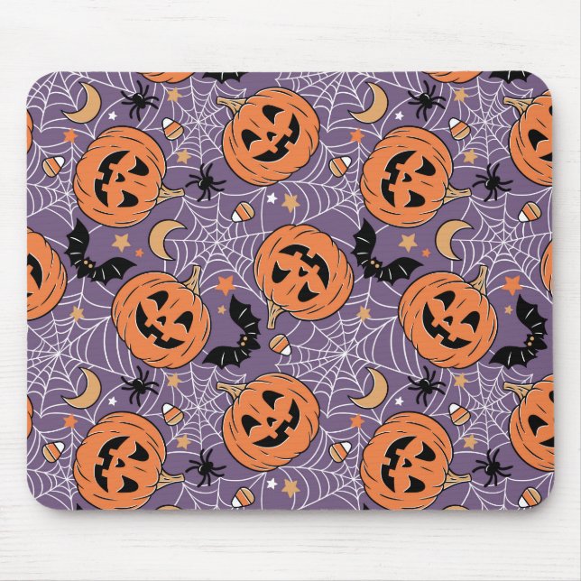 Mousepad Padrão de Halloween do Jack-O-Lanterna Roxo (Frente)