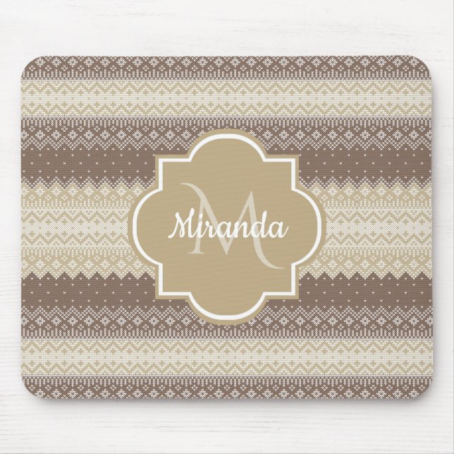 Mousepad Padrão de Knit Castanho e Tan Neutro com Nome (Frente)