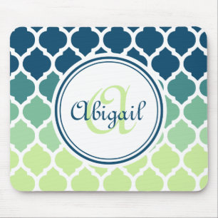 Mousepad Padrão de letícia marroquina verde-azul monograma