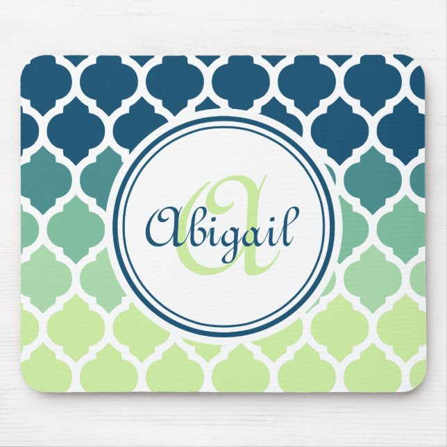 Mousepad Padrão de letícia marroquina verde-azul monograma (Frente)
