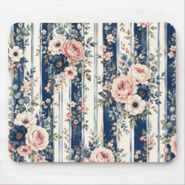Mousepad Padrão de Listra Floral Azul Marinho em Aquarela