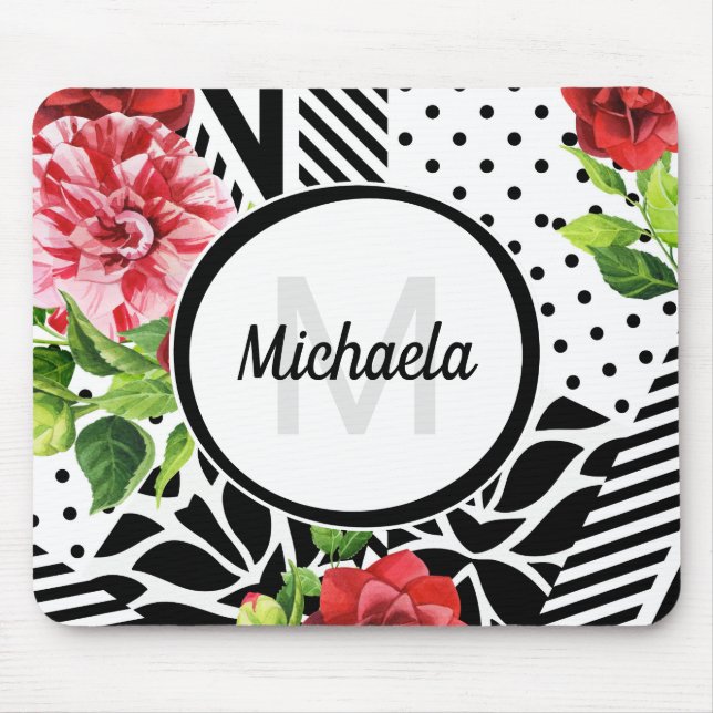 Mousepad Padrão de Listra Geométrica na Moda Monograma Flor (Frente)