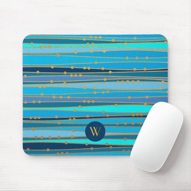 Mousepad Padrão de Listras Azuis Monograma Moderno (Com mouse)