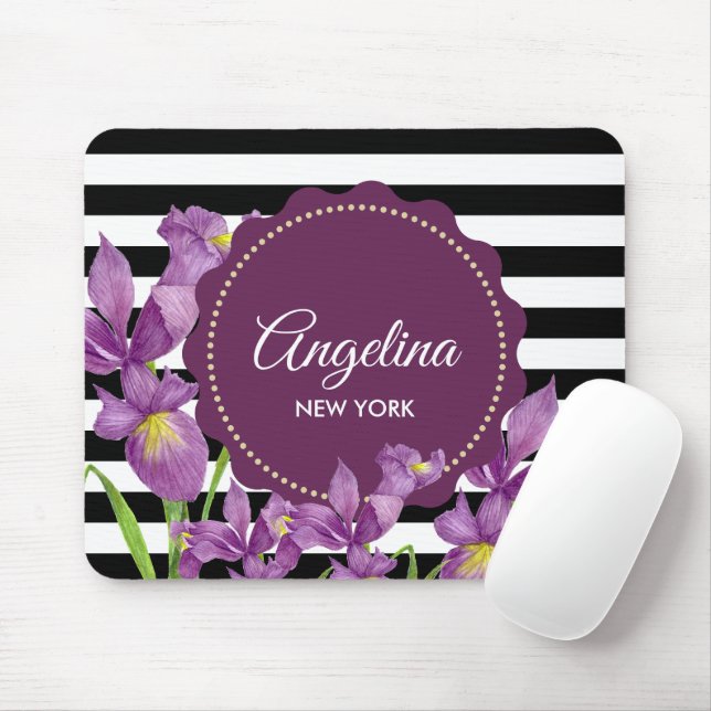 Mousepad Padrão de Listras Preto e Branco Íris Roxo Aquarel (Com mouse)