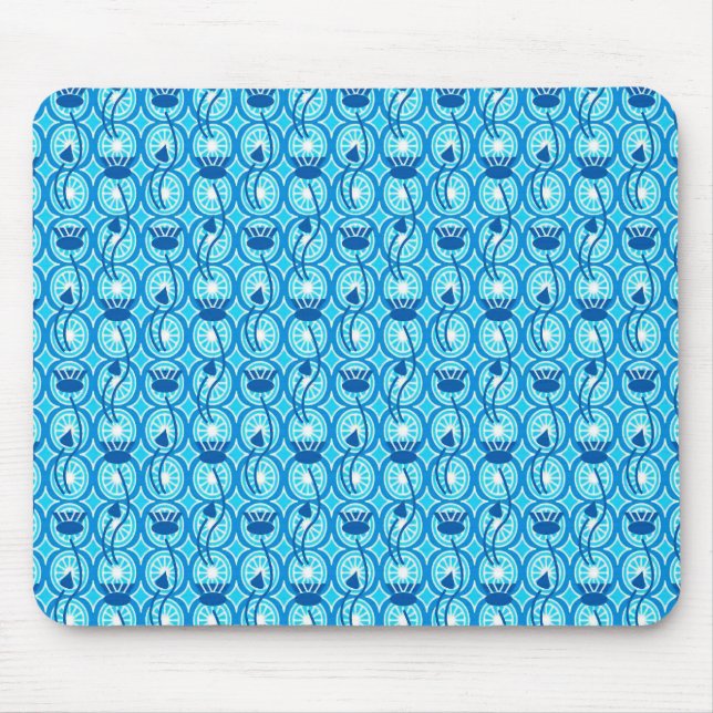 Mousepad padrão de Lótus egípcio, cobalto e turquesa (Frente)