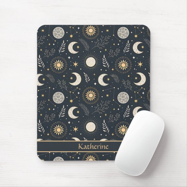 Mousepad Padrão de Lua Celestial Mística Nome Personalizado (Com mouse)