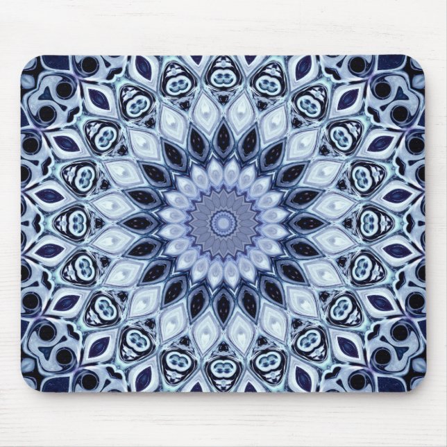Mousepad Padrão de Mandala de Caleidoscópio Azul e Branco (Frente)