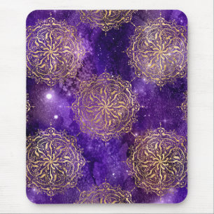 Mousepad Padrão de Mandala Dharma da Galáxia Dourada e Roxa