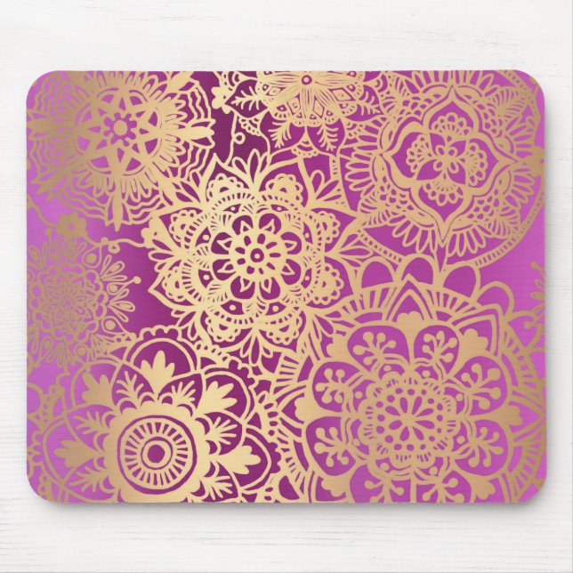 Mousepad Padrão de Mandala Dourado e rosa elegante (Frente)