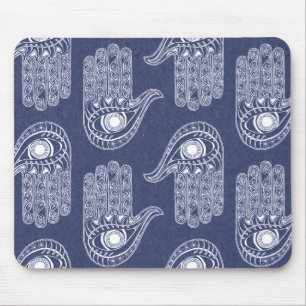Mousepad Padrão de mão azul e branco de Hamsa / Defesa do