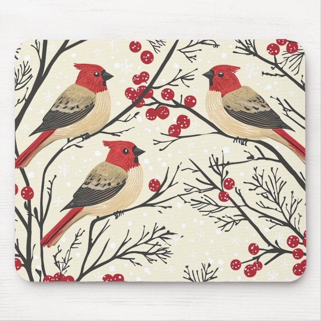 Mousepad Padrão de Natal Rustic Bird and Poinsettia (3) (Frente)