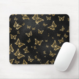Mousepad Padrão de ouro e borboletas pretas