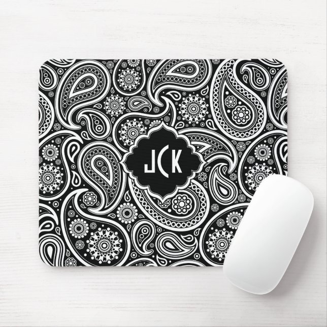 Mousepad Padrão de Paisley Floral Preto e Branco (Com mouse)