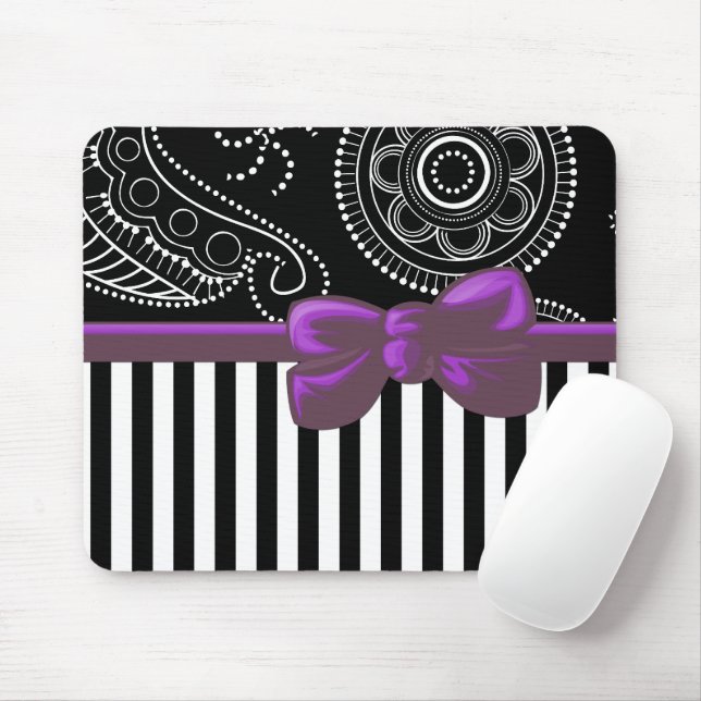 Mousepad Padrão de Paisley, Stripes, Linhas, Preto e Branco (Com mouse)