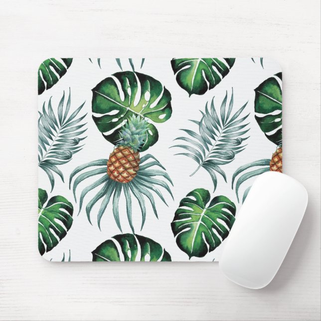 Mousepad Padrão de Palmeira da Selva Tropical de Aquarela d (Com mouse)
