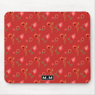 Mousepad Padrão de Papoulas Vermelhas Bonitas Monograma