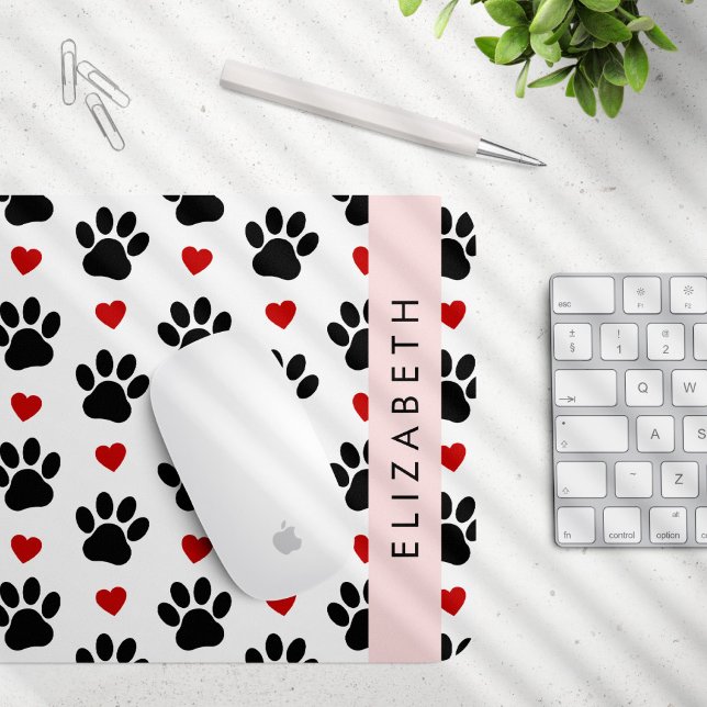 Mousepad Padrão De Patas, Patas Negras, Corações Vermelhos, (Criador carregado)