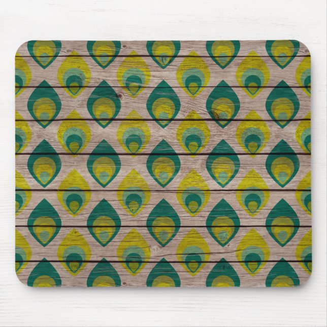 Mousepad Padrão De Pavão No Bloco De Mão De Madeira (Frente)