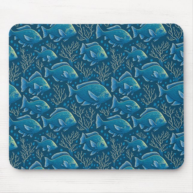 Mousepad Padrão de Peixes Azuis Sem Costura (Frente)