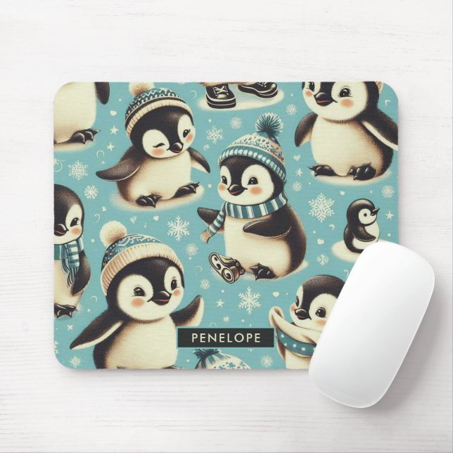 Mousepad Padrão de Pinguim Cuto Vintage (Com mouse)