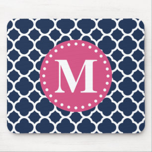 Mousepad Padrão de Quatrefoil do Marinho Monograma Rosa