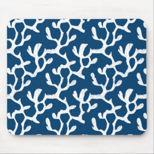 Mousepad Padrão De Repetição De Coral Abstrato Azul E Branc