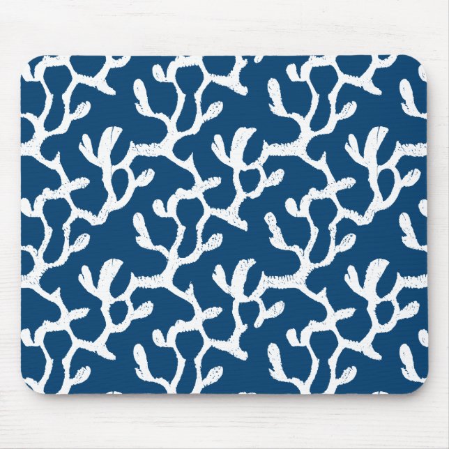 Mousepad Padrão De Repetição De Coral Abstrato Azul E Branc (Frente)