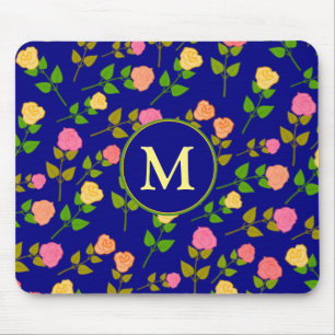 Mousepad Padrão de Rosa Azul Bonito Monograma