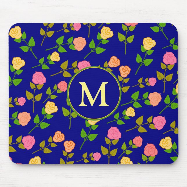 Mousepad Padrão de Rosa Azul Bonito Monograma (Frente)