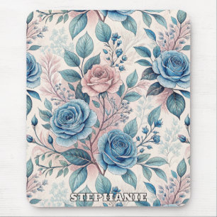 Mousepad Padrão de Rosa Azul e Rosa Rosa Rosa no Pinto Bran