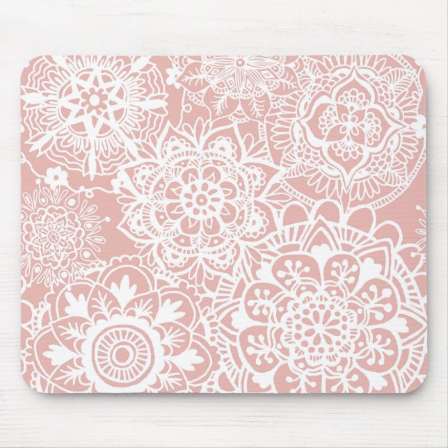 Mousepad Padrão de Rosa claro e Mandala Branca (Frente)