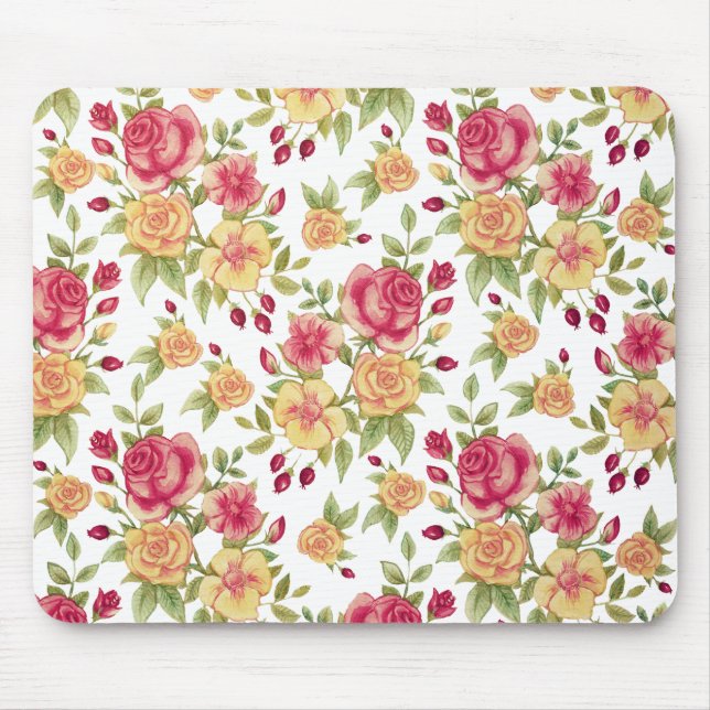 Mousepad Padrão de Rosas e Botões de Rosa Vermelhas e Amare (Frente)