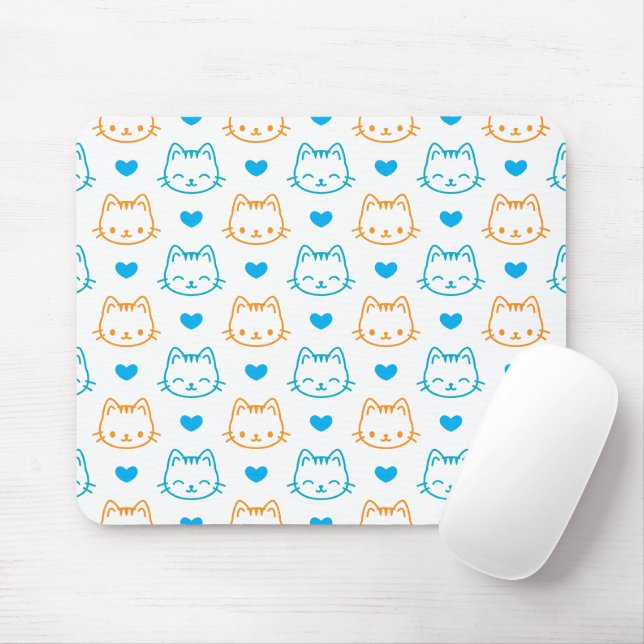 Mousepad Padrão de Rostos de Gato Turquesa e Laranja Kawaii (Com mouse)
