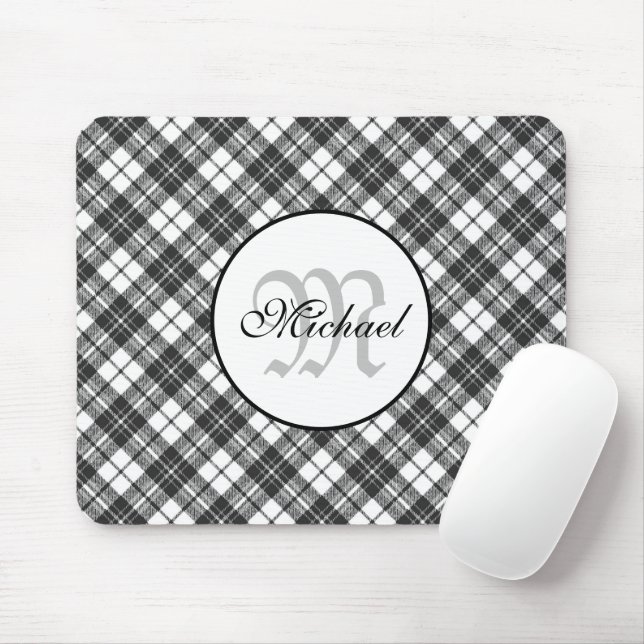 Mousepad Padrão de Tartan Gratuito Gratuito Monograma Branc (Com mouse)