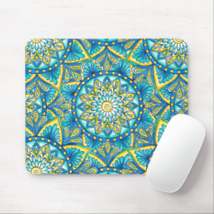 Mousepad Padrão de Turquesa Amarela de Mandala Azul