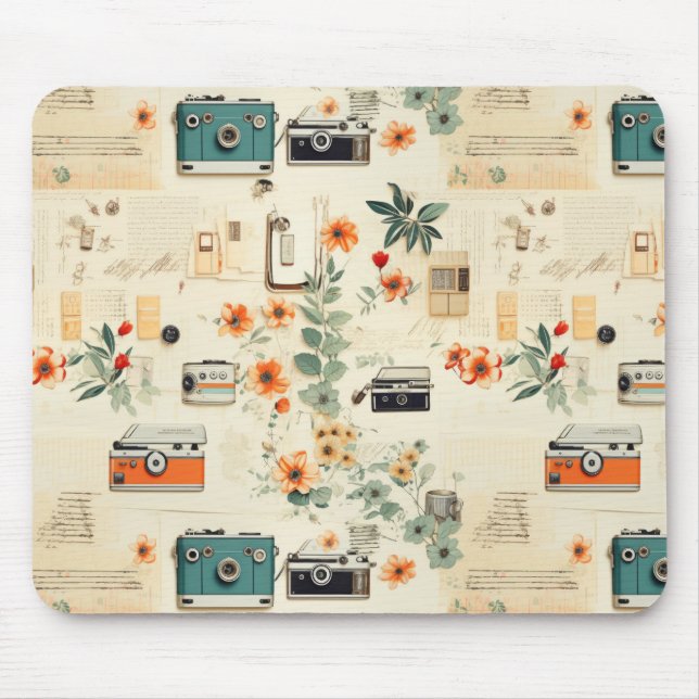 Mousepad Padrão de Vintage Floral & Camera (6) (Frente)