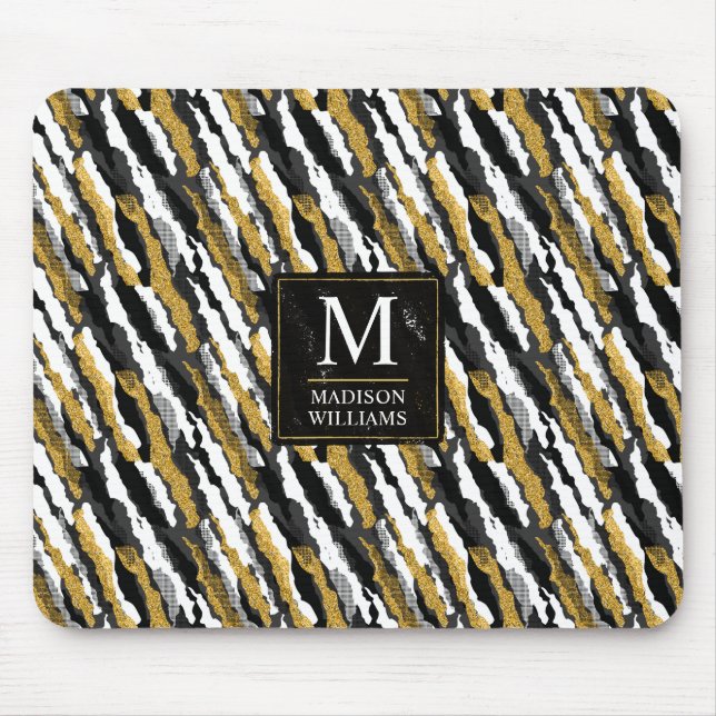 Mousepad Padrão de Zebra Animal Branco com Brilho Dourado e (Frente)