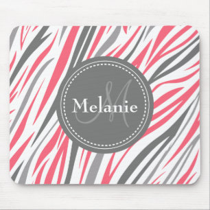 Mousepad Padrão de zebra, cor-de-rosa e Cinza, monograma