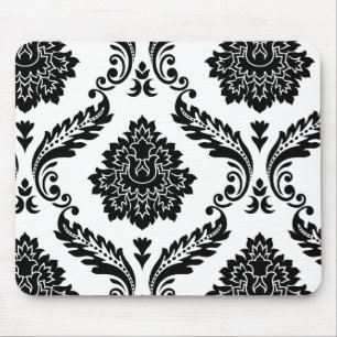 Mousepad Padrão Deslocado Rococó Damasco Preto no Branco