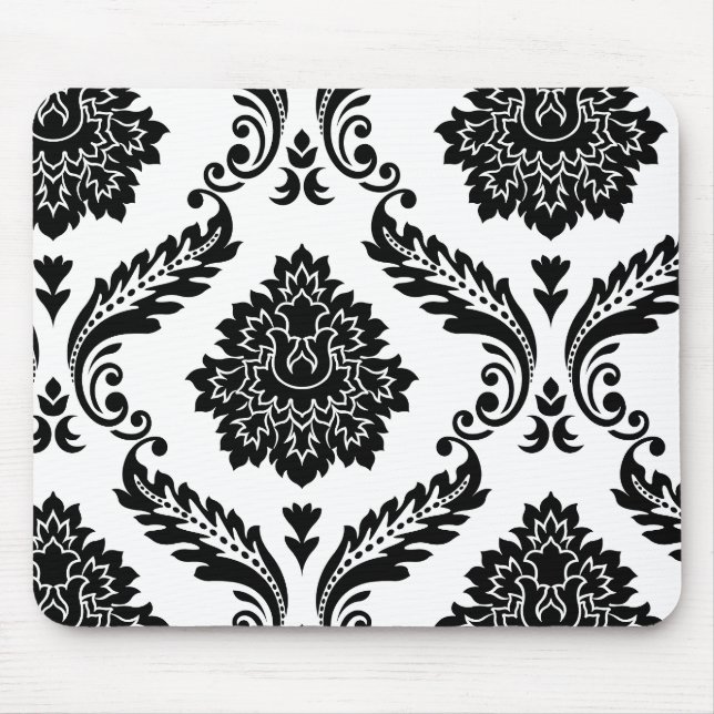 Mousepad Padrão Deslocado Rococó Damasco Preto no Branco (Frente)