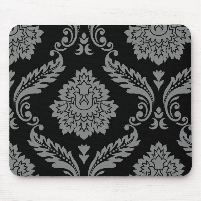 Mousepad Padrão Deslocado Rococó Damask Cinza sobre Preto (Frente)
