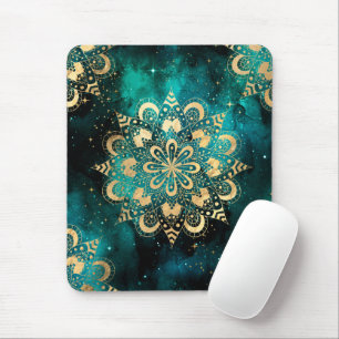 Mousepad Padrão Dharma Mandala da Galáxia Dourada e Verde
