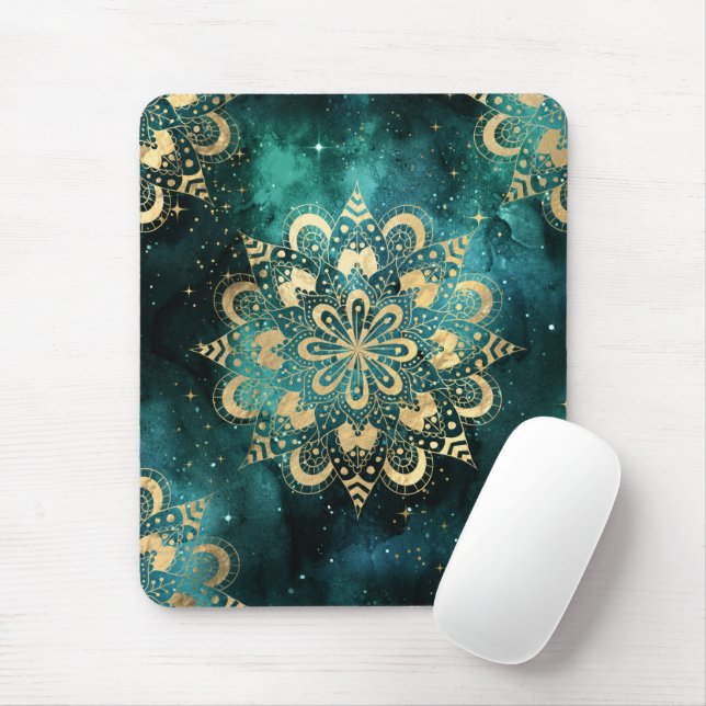 Mousepad Padrão Dharma Mandala da Galáxia Dourada e Verde (Com mouse)