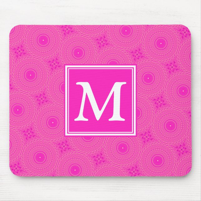 Mousepad Padrão dos círculos rosa a quente do monograma (Frente)