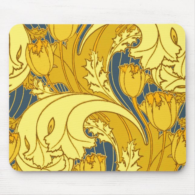 Mousepad Padrão Dourado da Tulipa Azul da Vintage (Frente)