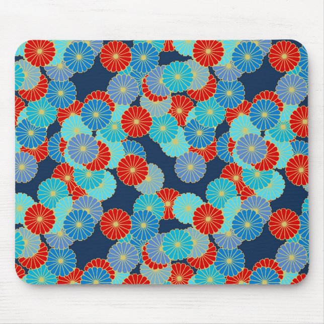 Mousepad Padrão floral Art Deco - azul, turquesa e vermelho (Frente)