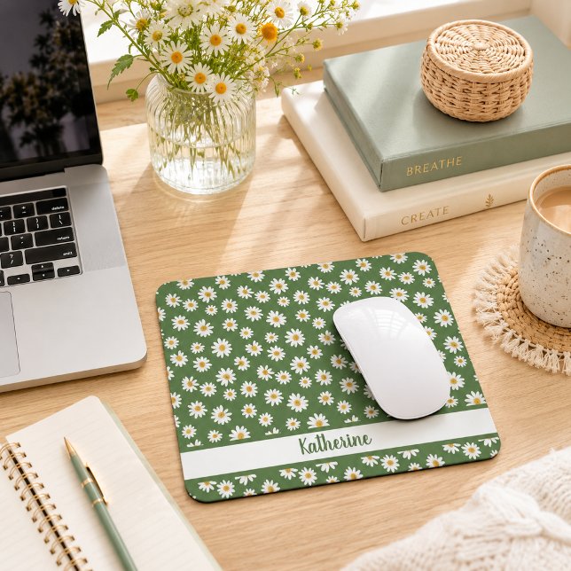 Mousepad Padrão Floral Boho Daisy Verde Nome (Criador carregado)